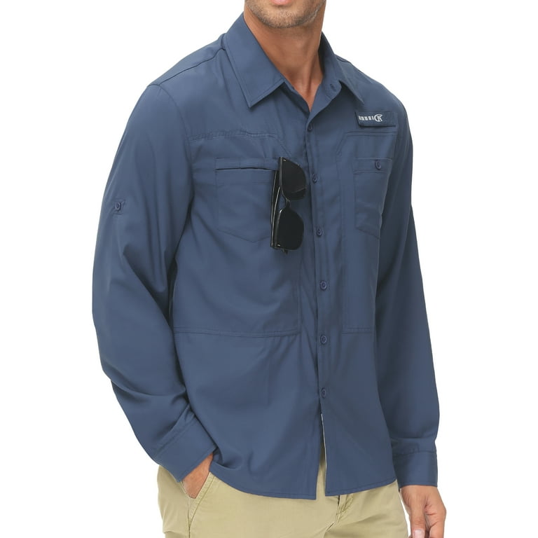 Pdbokew Men's Sun Protection Fishing Shirts Long Sleeve Travel Work Shirts for Men UPF50+ Button Down Shirts with Zipper Pockets Navy M, Size: Medium