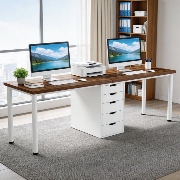 78.7 Inch Extra Long 2 Person Computer Desk With 5 Drawers Modern Double Office Desk Study Writing Table Workstation For Home Office Brown White