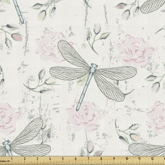 Ambesonne Shabby Flora Fabric by the Yard Upholstery, Vintage Dragonfly, 3 Yards, Pale Pink Pale Grey