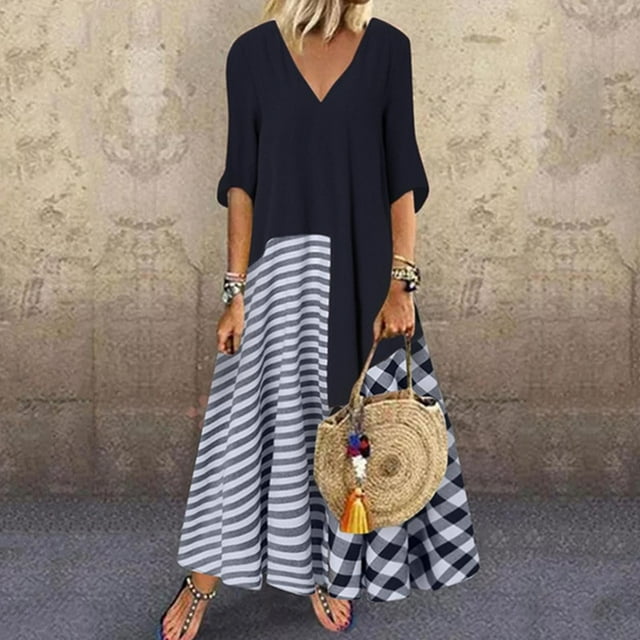 SMihono Robe Maxi Bohème d'Été pour Femmes Grande Taille Mode Décontractée Été Col en V Patchwork à Carreaux Imprimé Robe Manches Courtes Robe Longue de Plage
