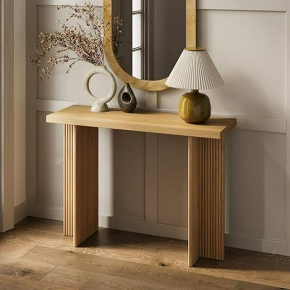 Stead Modern Console Table - Natural Oak, Fluted Solid Wood - Slim Entryway Table with Drawers & Curved Cross Base