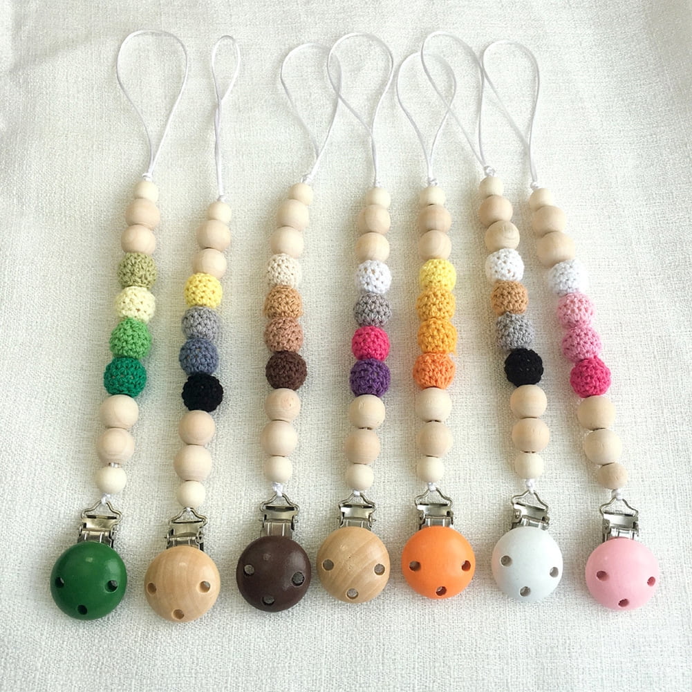 Infant  Wooden Beaded Pacifier Soother Dummy Clasps Strap Chain Nipple Clips 