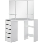 HOMCOM Corner Vanity Table, Makeup Desk with Tri-Fold Mirror and 5 Drawers, White