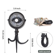 SkyGenius Portable Baby Stroller Fan USB Rechargeable Clip Tripod Fan, Black