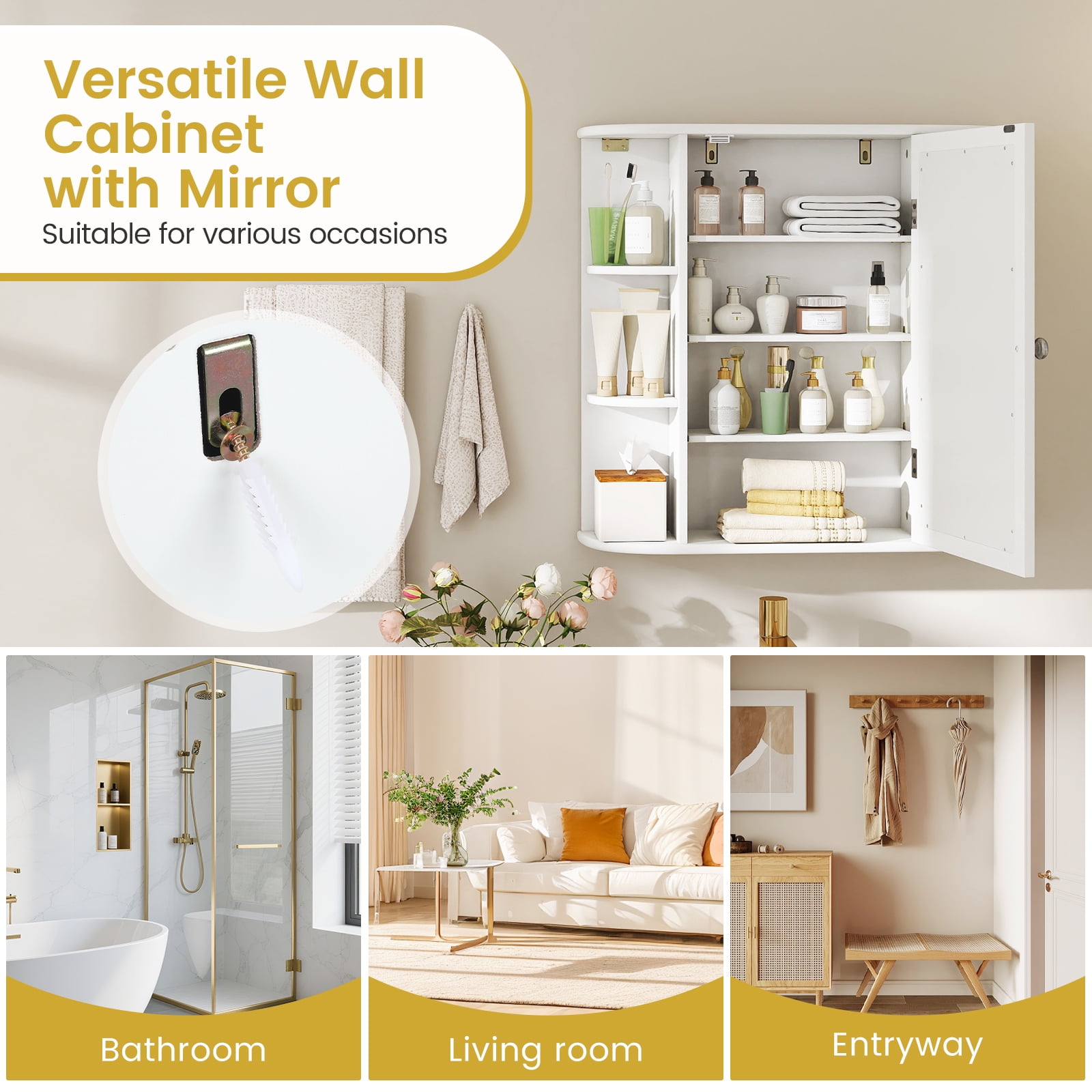 Gymax Bathroom Wall Cabinet w/ Mirror Modern Medicine Cabinet w/ Mirrored Door