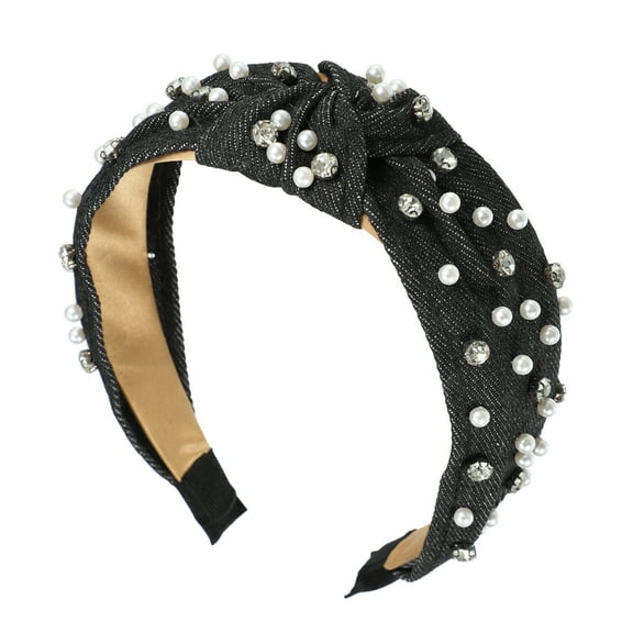 Unique Bargains Pearly Rhinestones Crystal Knotted Women Headband Classic Casual Style Headband Black 5.31"x1.97"
