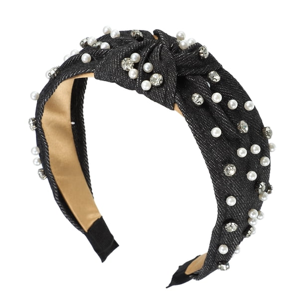 Diadema de mujer con cristales perlados y nudos de Unique Bargains Estilo clásico y casual Diadema negra 5.31"x1.97"