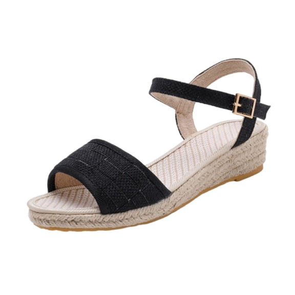 Gpaecead Women Open Toe Espadrilles Wedge Sandals Plus Round Toe Canvas Breathable Spring Summer Beach Height Casual Black