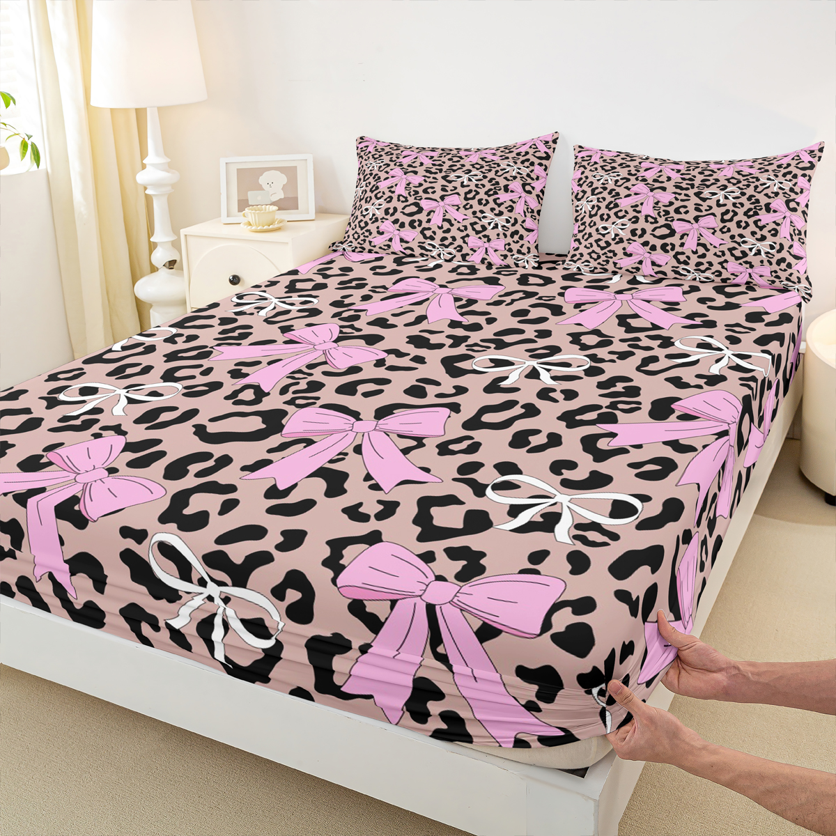 Homewish Cute Cartoon Bowtie Queen Sheet Sets,Leopard Print Flat Sheet,Brown Pink Queen Fitted Sheet For Girls,Microfiber Bedroom Decor,4 Pieces