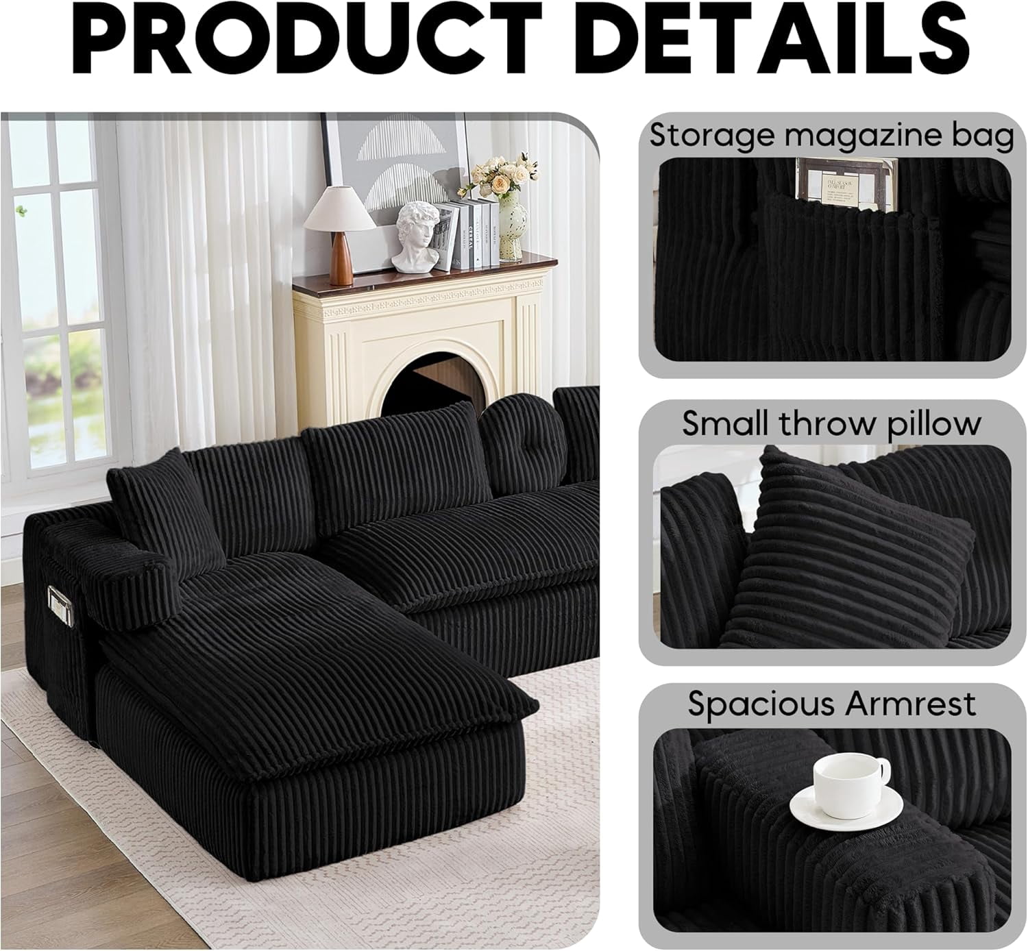 Howcool 149"W Oversized Modular Sectional Sofa,7-in-1 Corduroy U Shaped Sofa Couch with Double Chaise Lounge,Convertible Sleeper Sofa Bed,Deep Seat Cloud Couch for Living Room,Black