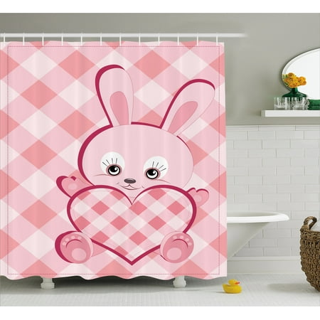 Baby Shower Curtain Diagonal Stripes Diamond Pattern With Cute Baby Shower Curtain Diagonal Stripes Diamond Pattern With Cute Lovely Bunny Giant Heart Plaid