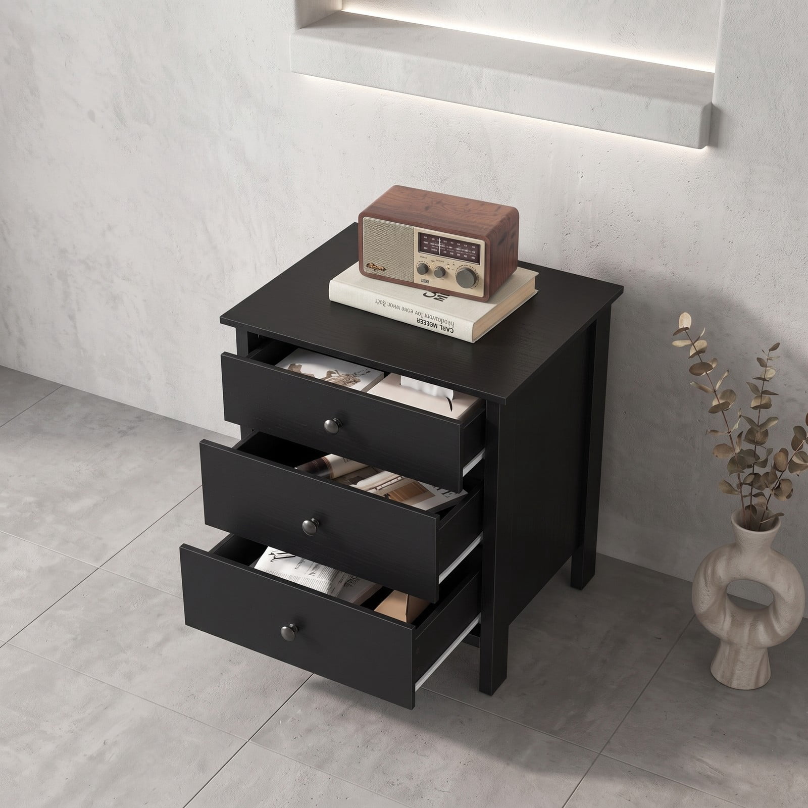 Furnibear 3-Drawer Wooden Nightstand with Wide Tabletop and Smooth Metal Slides for Bedroom Living Room and Study, Black