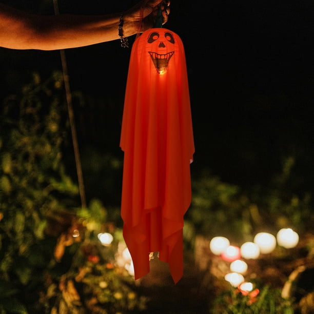 Decoración Luminosa Fantasma de Halloween | Adorno Colgante de Tela Brillante Fantasmal Blanco y Naranja | Decoración Espeluznante para Fiestas En El Jardín con Led Amarillo Incorporado | Decoración