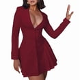 thumbnail image 2 of Robe Blazer Mini Élégante pour Femme à Col en V Profond, Manches Longues, Boutonnée, Plissée, Rouge Vin, TP, 2 of 9