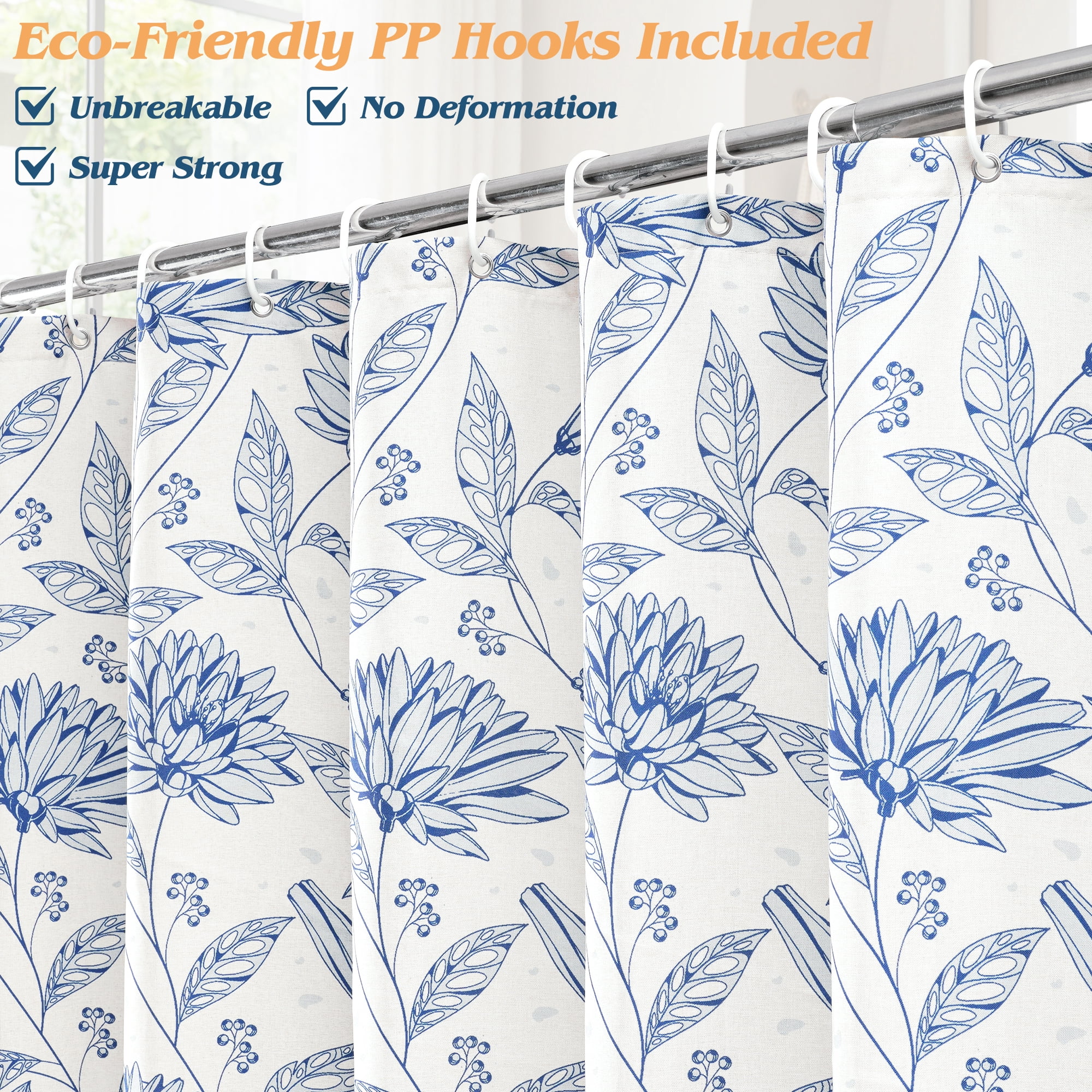 Inosoo Linen-Look Digital Print Shower Curtain, Blue Dahlia Flowers on White Background, 72x72 Inches