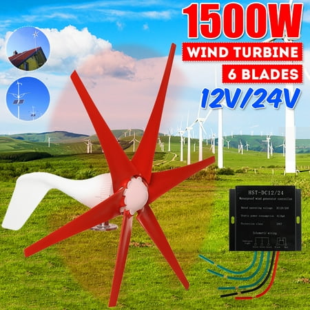 1500W DC 12V/24V Wind Turbine Generator 6 Red Blades Windmill Strong Power Battery Powered Electric Aerogenerator Green Energy Generating