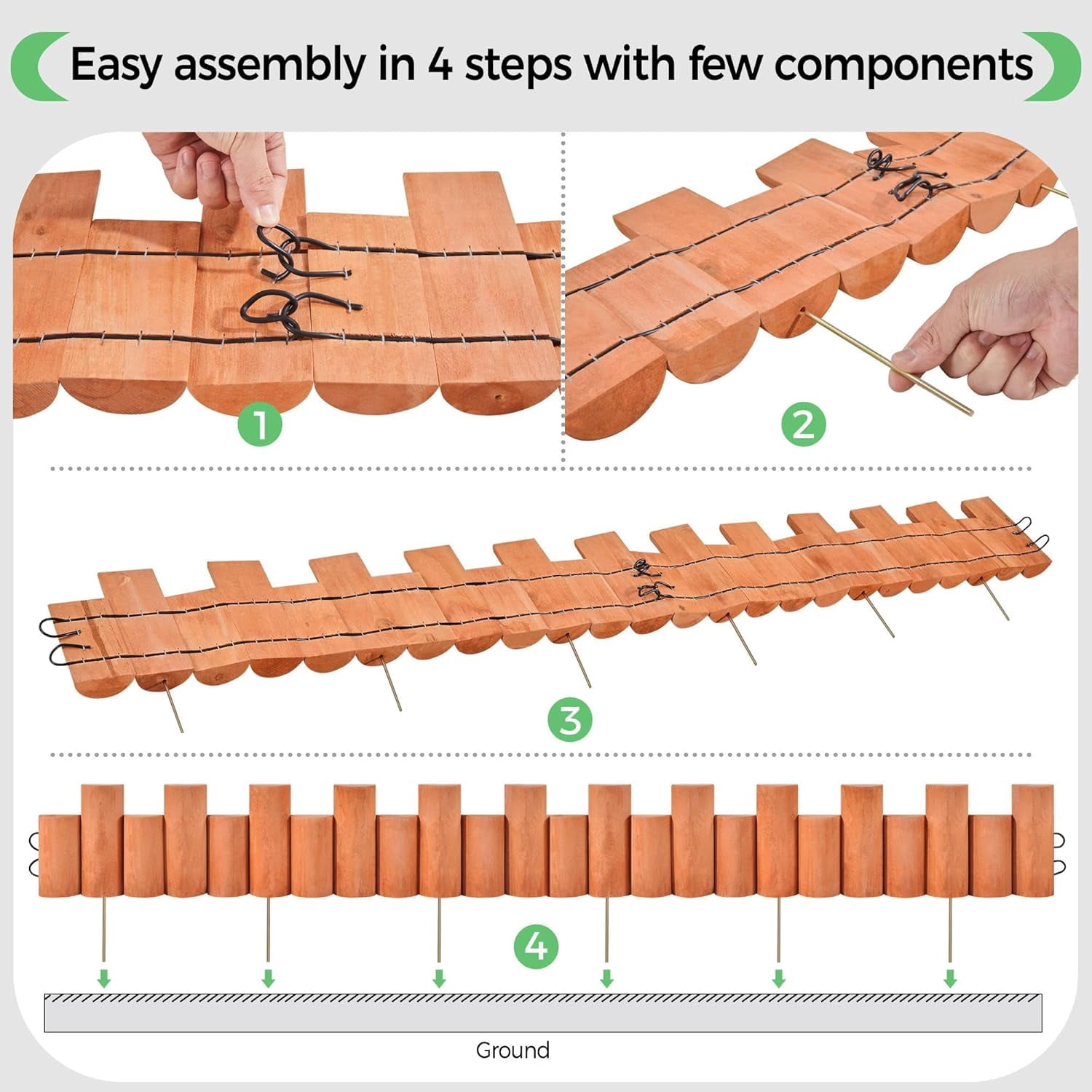 CHTER 2pcs Garden Wooden Short Fence,Outdoor Landscape Edging Flexible Decorative Border, No-Dig Wood Fences for Spring Yard Patio Pathway Lawns Courtyard Maintenance - 66in