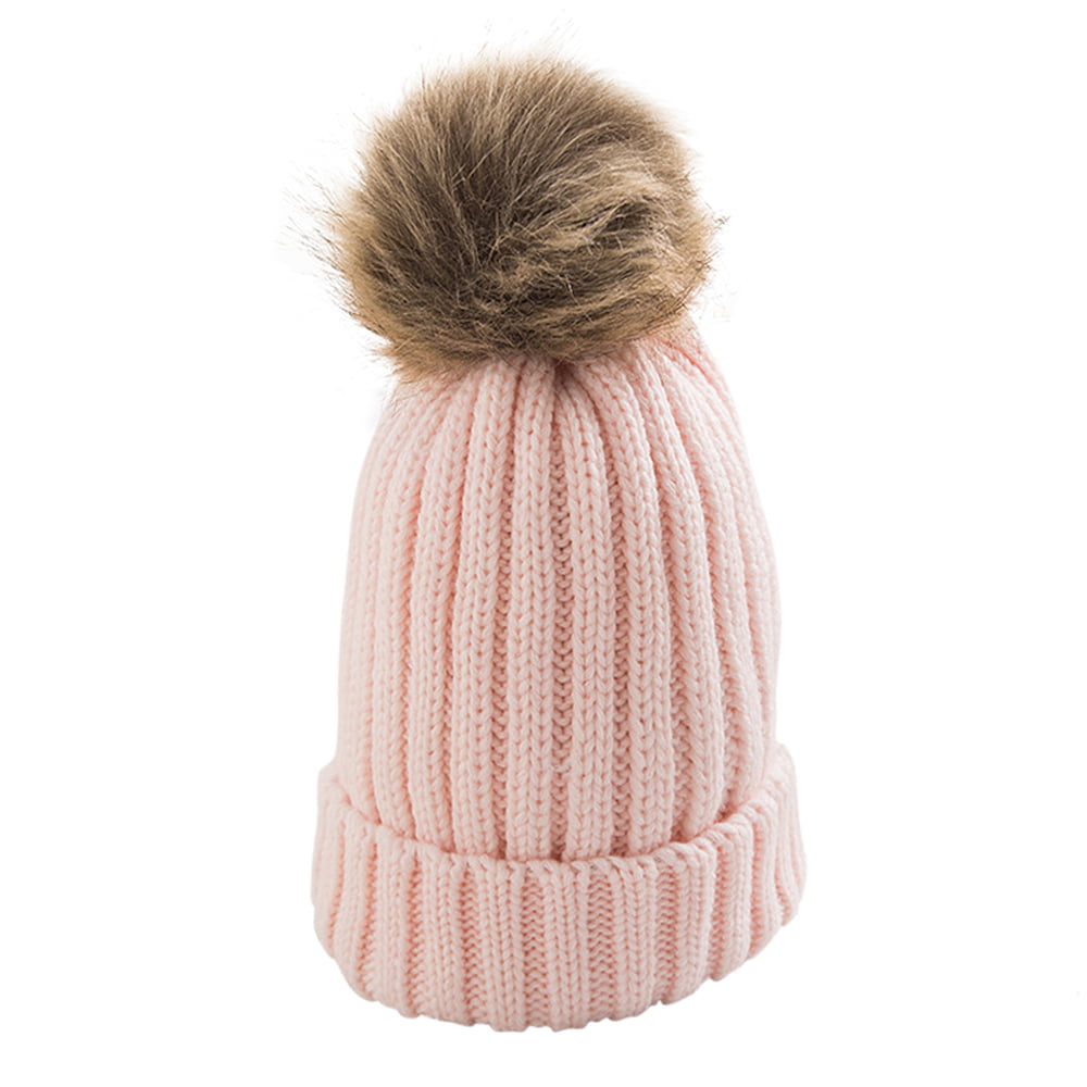 Removable Winter Hat Warm Real Fur Pom Pom Bobble Women Knitted Beanie Christmas