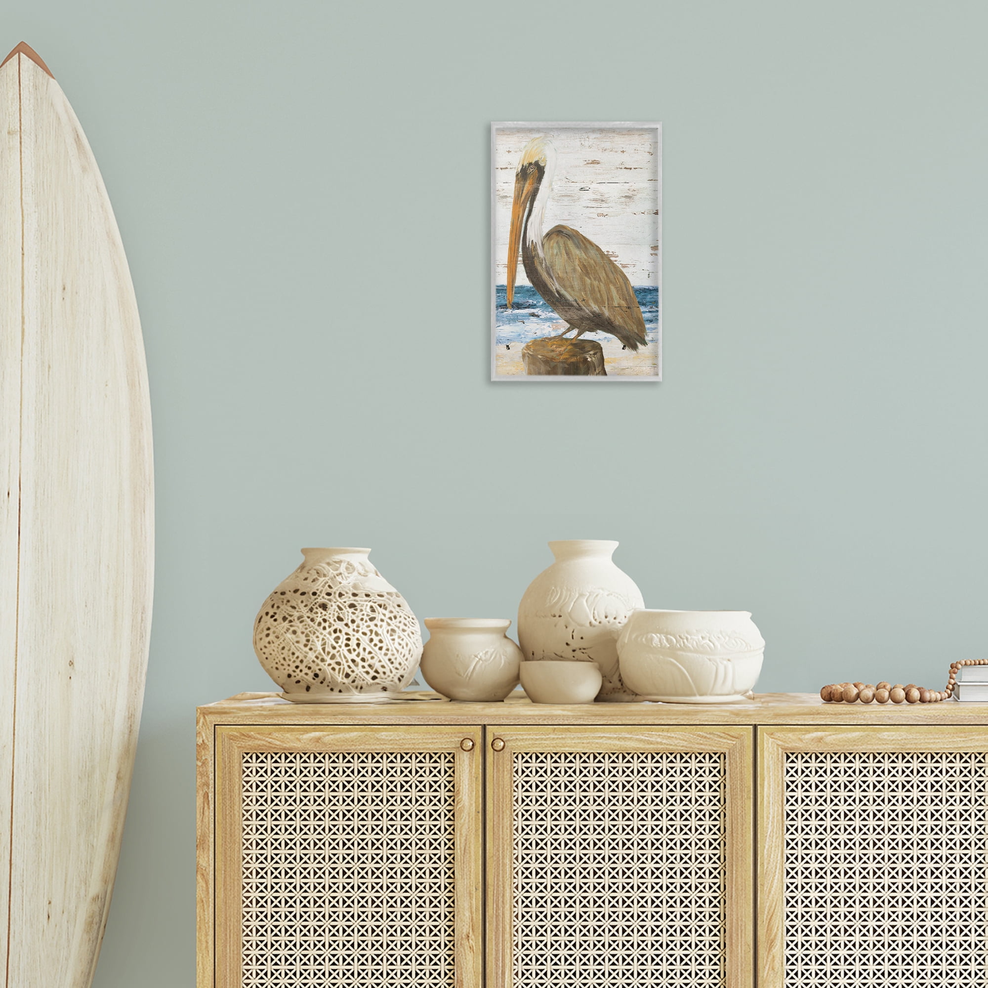 Stupell Industries Rustic Ocean Pelican Animals & Insects Painting Gray Framed Art Print Wall Art, 12 x 18