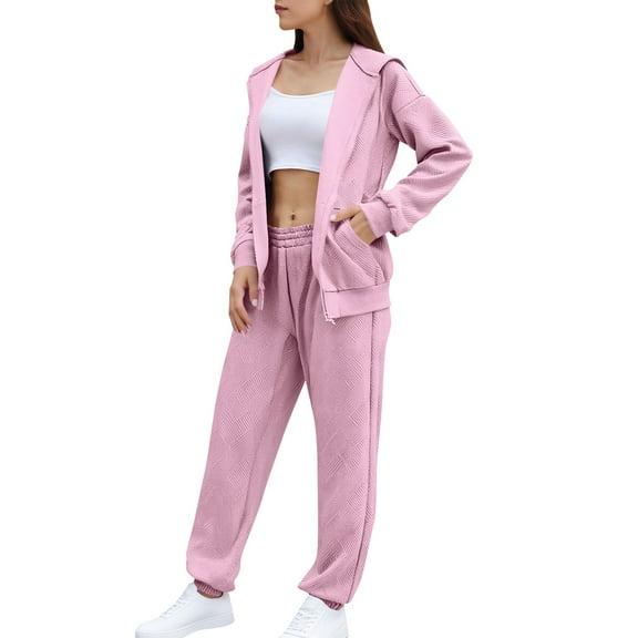 2 Piece Sweatsuits for Women with Pockets Oversized Full-zip Textured Hoodie Jacket and Jogger Sweatpant Sets (XL, Pink)