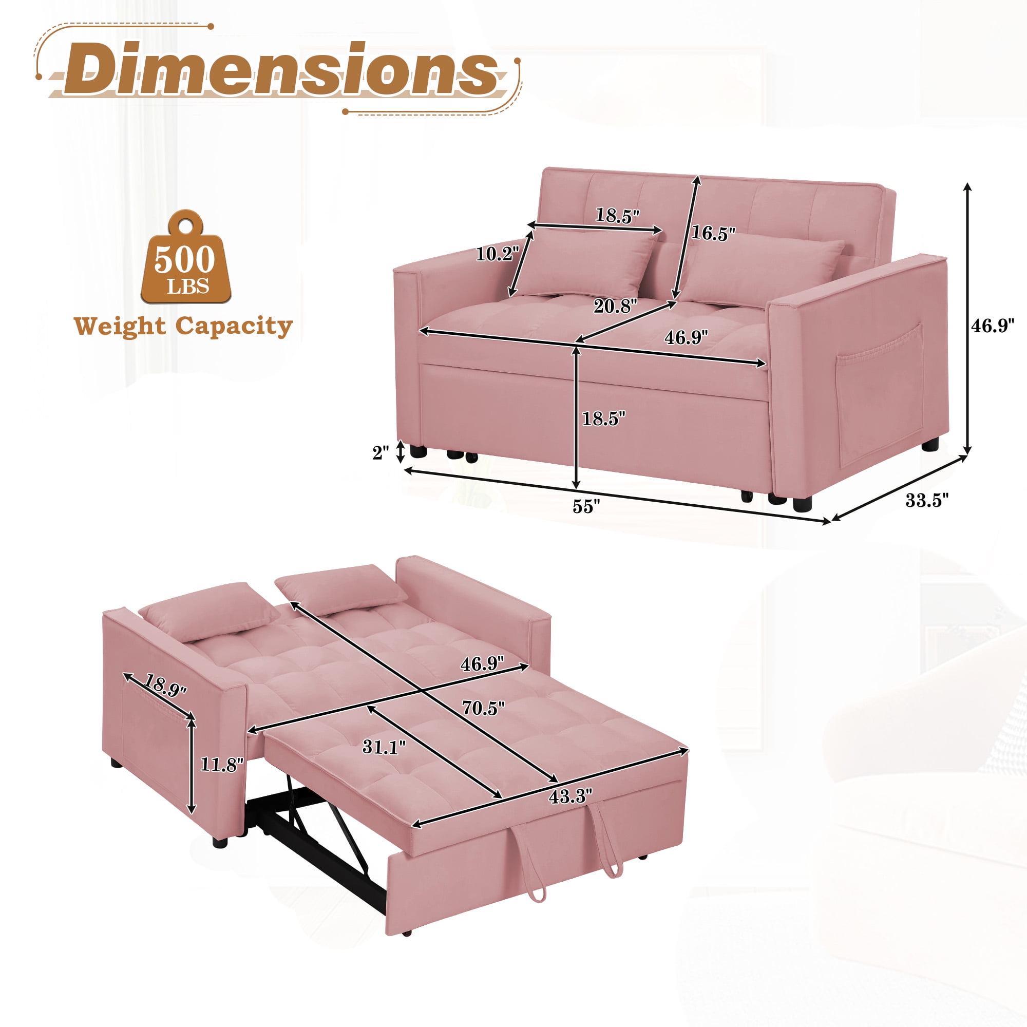 Lunale 55" Convertible Loveseat Sleeper, Tufted Pull Out Sofa Bed for Living Room, Pink Velvet