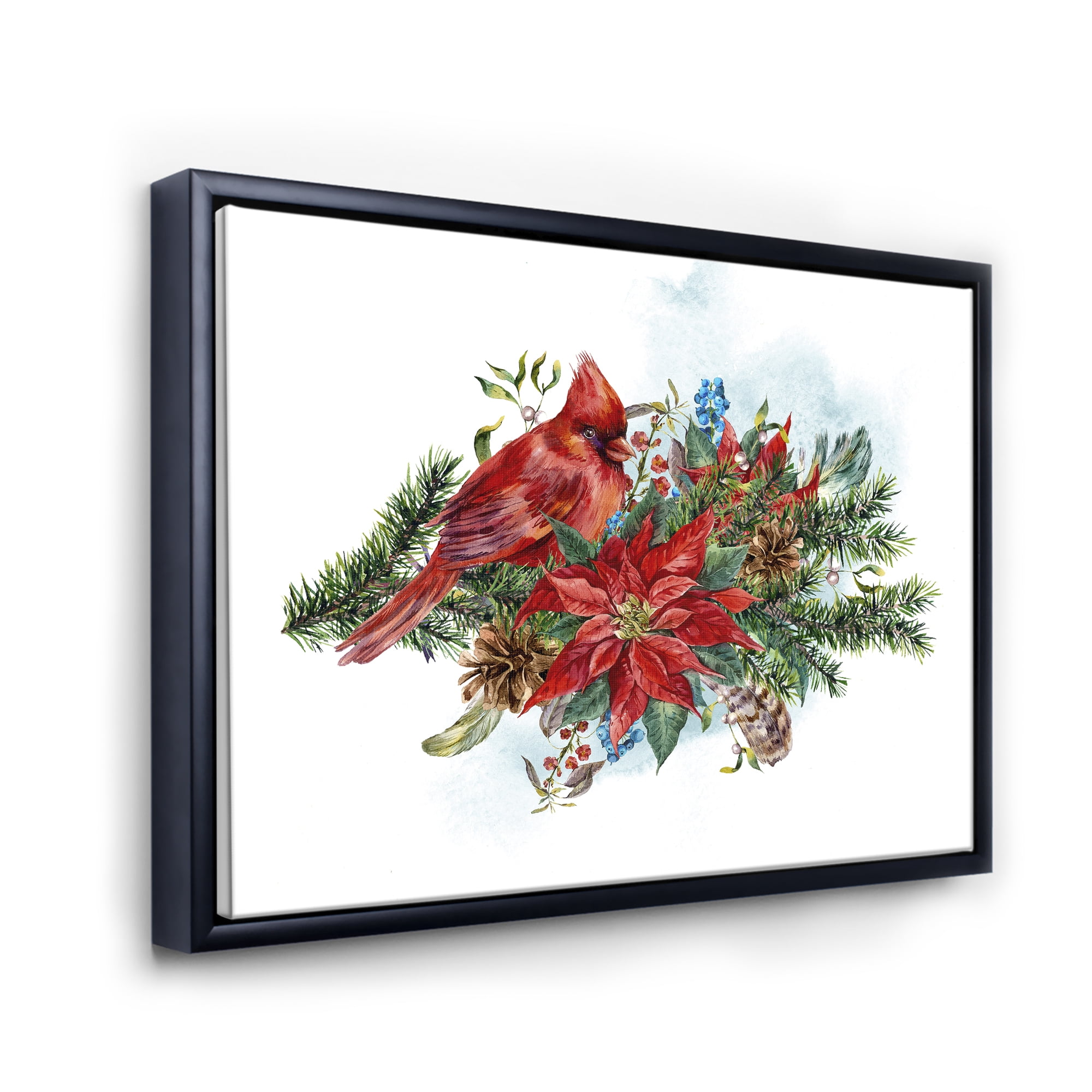 Designart 'Christmas Red Cardinal Bird and Poinsettia' Traditional Framed Canvas Wall Art Print
