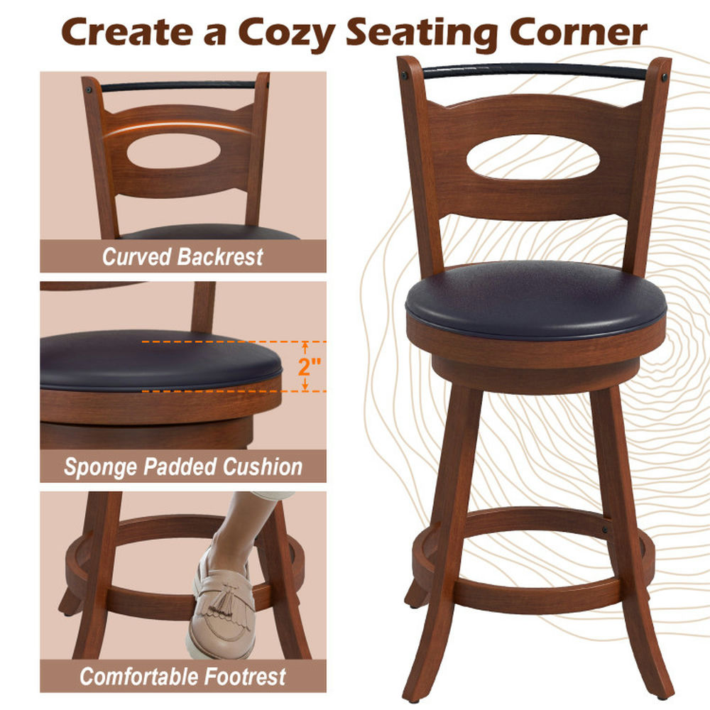 Demi Bonn 24" 2 Pieces Swivel Bar Stools with Curved Backrest and Seat Cushions, Modern Dining Chair, Brown