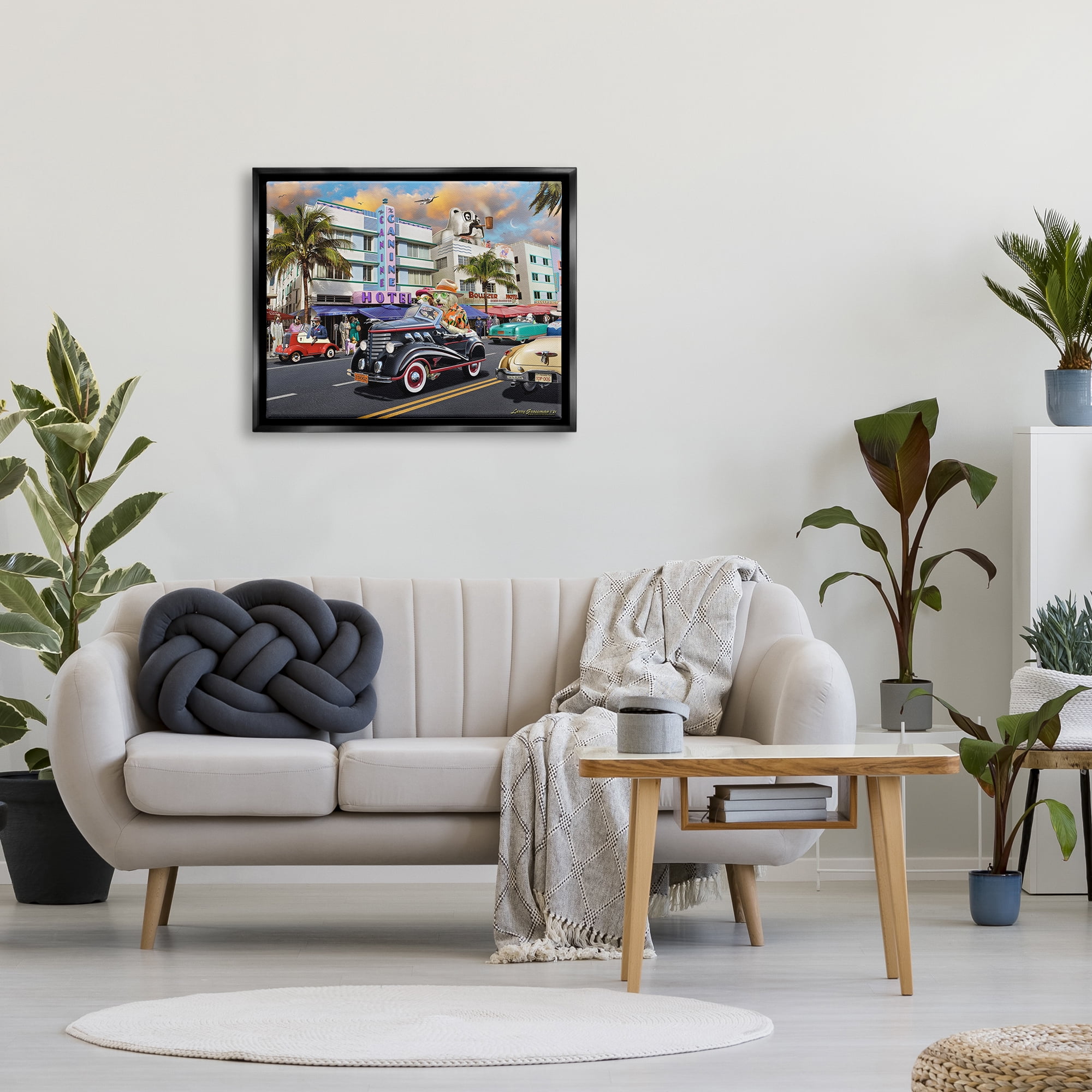 Stupell Industries Dog Days Miami Transportation Painting Black Floater Framed Canvas Art Print Wall Art, 31 x 25