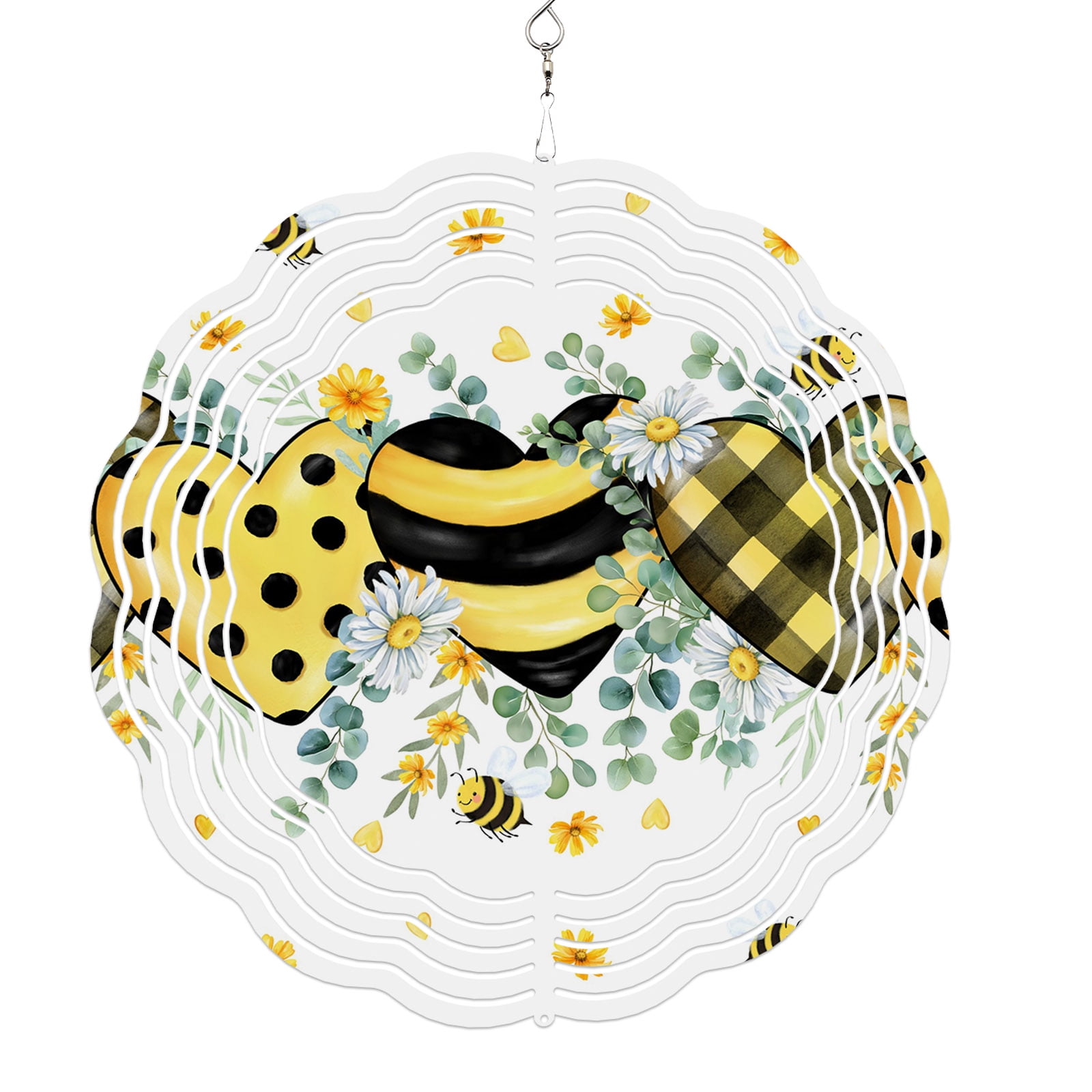 Wind Spinners for Yard and Garden Bee Love Heart Wind Spinner Daisy Floral Eucalyptus Leaves 3D Metal Stainless Steel Wind Sculptures Outdoor Patio Hanging Ornament 8 Inch