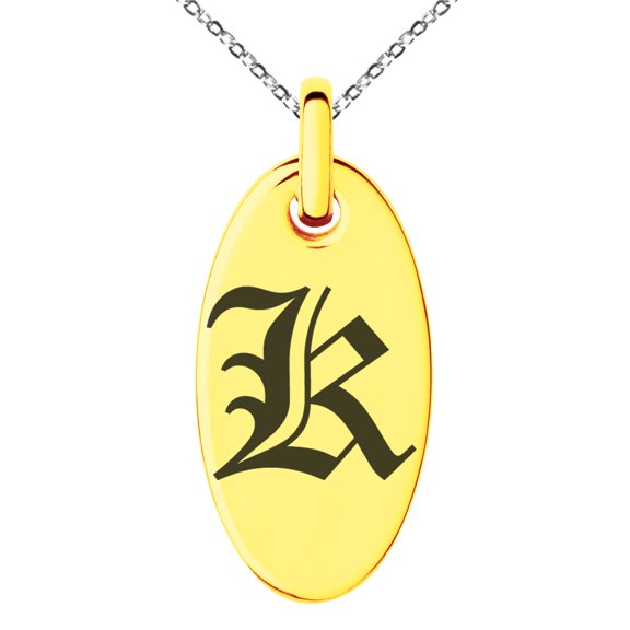 Stainless Steel Letter K Initial Old English Monogram Engraved Small Oval Charm Pendant Necklace