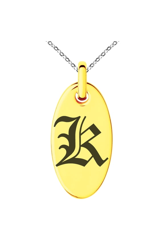 Stainless Steel Letter K Initial Old English Monogram Engraved Small Oval Charm Pendant Necklace