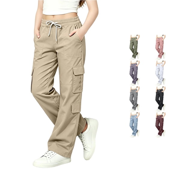 Ticikt Multi-Pocket Cargo Trousers, Straight Leg Casual Pants for Youth Girls School & Travel Wear,Khaki