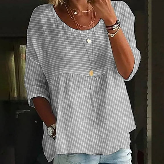 Luowei Women's Cotton Linen Striped Shirt - Casual Loose Fit Crew Neck 3/4 Sleeve Top, Black, L