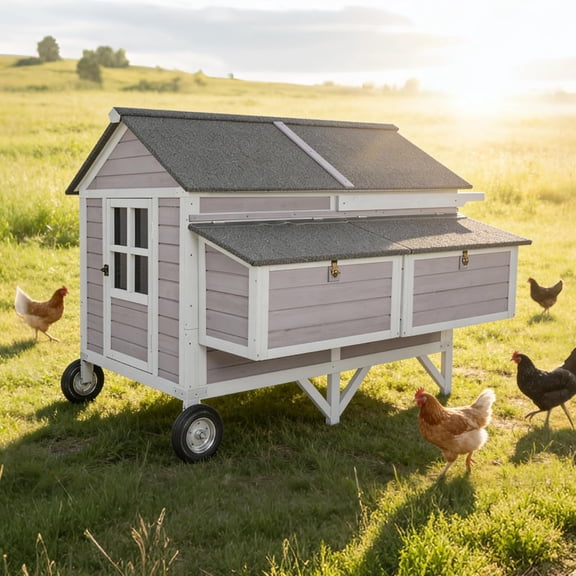 MEDEHOO 68.1" Extra Large Chicken Coop with Super Large Wheels, Mobile Hen House Poultry Cage with Strong Iron Frame, Outdoor Chicken House with 4 Nesting Boxes, 4 Perches for 6-8 Chickens