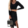 thumbnail image 3 of Women'S Solid Color Knitted Round Neck Long Sleeve Top Slit Long Skirt Two-Piece Set Black S, 3 of 7