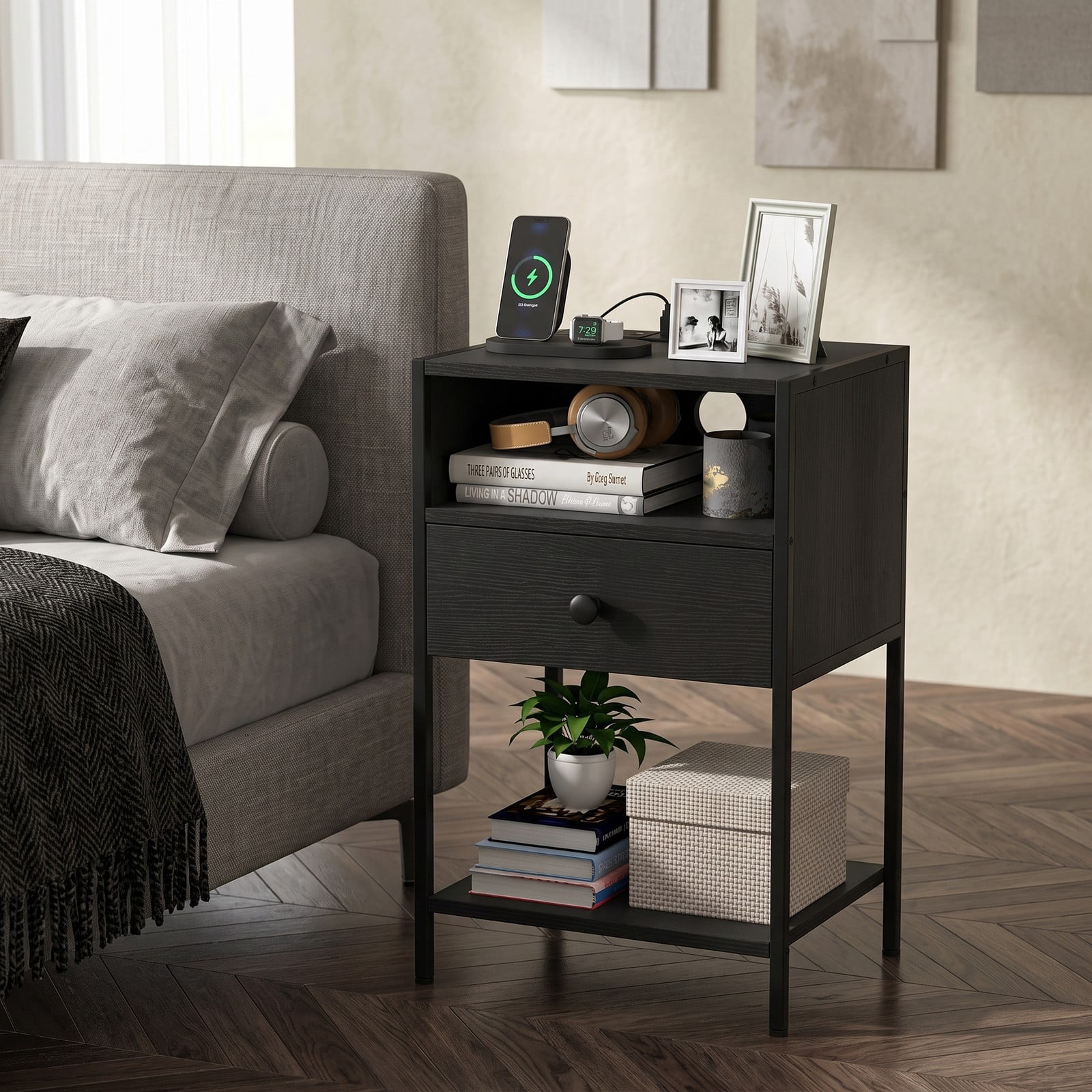 Furnibear Nightstand with Charging Station and USB Type-C Ports plus Drawer and Open Shelf for Bedroom and Living Room, Black