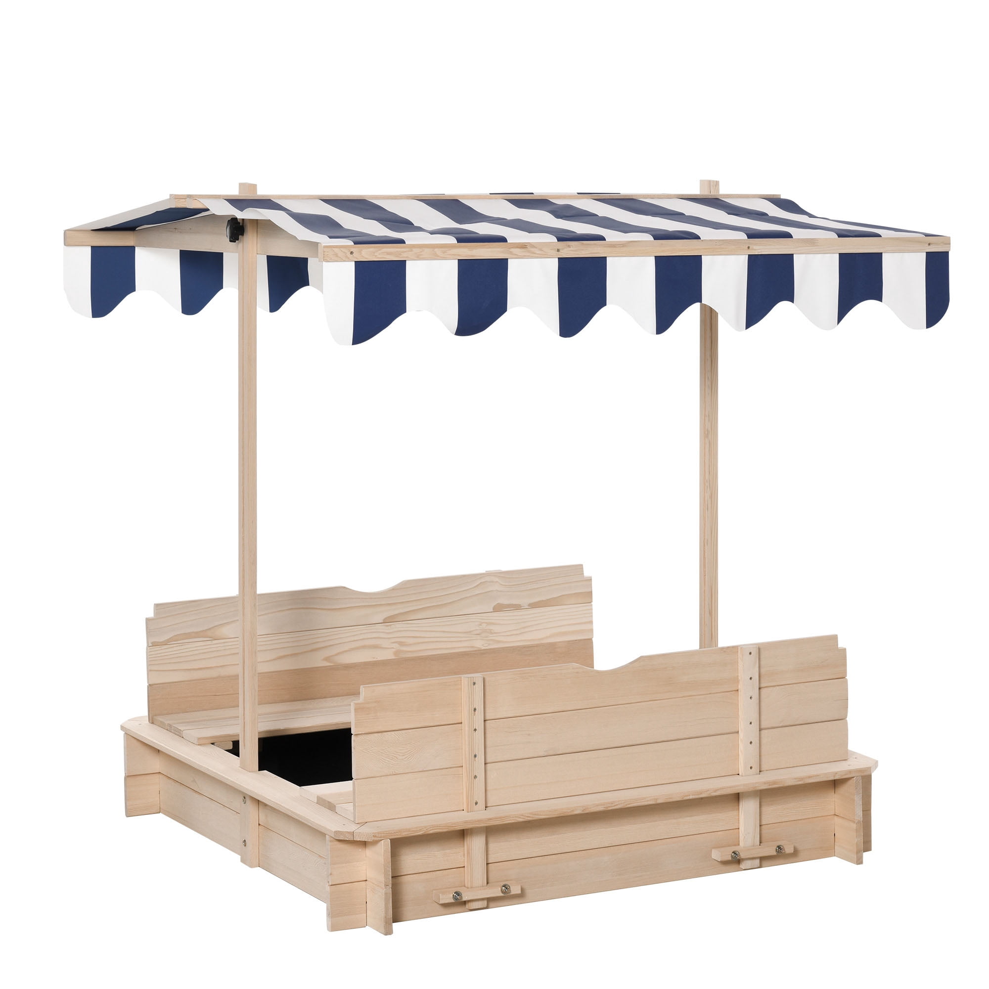 Wooden Kids Sandbox with Cover, Foldable Bench Seats & Adjustable Canopy, Children Outdoor Sand Box with Bottom Liner for Backyard Garden Play