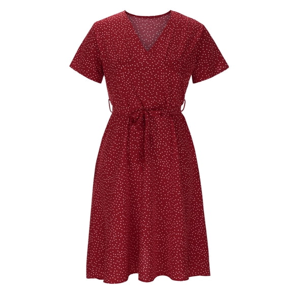 ZHOGXU Classic Floral Polka Print Midi Dresses For Women Short Sleeve V Neck Loose Fit Dresses Elegant,Vacation
