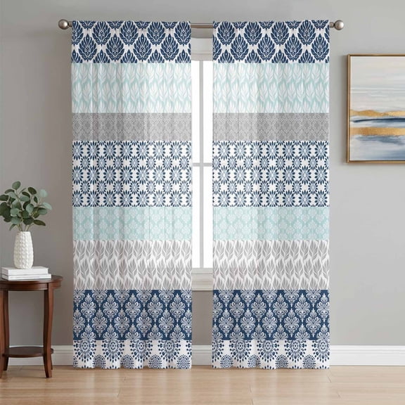 Boho Blue Aqua Sheer Curtains 96 Inch Length 2 Panels Set, Geometric Stripes Tribal Bohemia Retro Voile Window Treatment Semi Sheer Long Curtains Drapes for Bedroom/Living Room/Kitchen 52"x96"x2