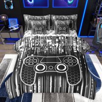 Feelyou Modern Game Console Bedding Comforter Set 7 Pieces for Kids, Cartoon Gamepad Lover Full Bedding Set, Fashion Grey Square Abstract Reversible Fitted Sheet Flat Sheet, Breathable Home Decor