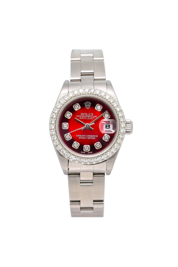 Pre-Owned Rolex Datejust 26MM 79190 Red Diamond Dial Diamond Bezel Stainless Steel Oyster Bracelet