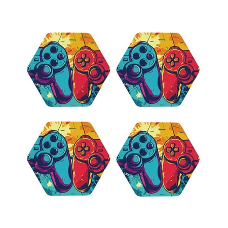 

Lukts Gaming Print Leather Drinks Coasters Set of 4 Suitable or Drinks Furniture Protection and Easy Clean up-Hexagon