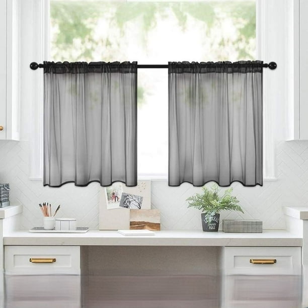 Xiao Hua Cortina pequeña de gasa fina, impermeable, semiopaca, de color sólido, para decoración de cocina y baño, 2 piezas, 29,9 x 36,22 pulgadas, color negro