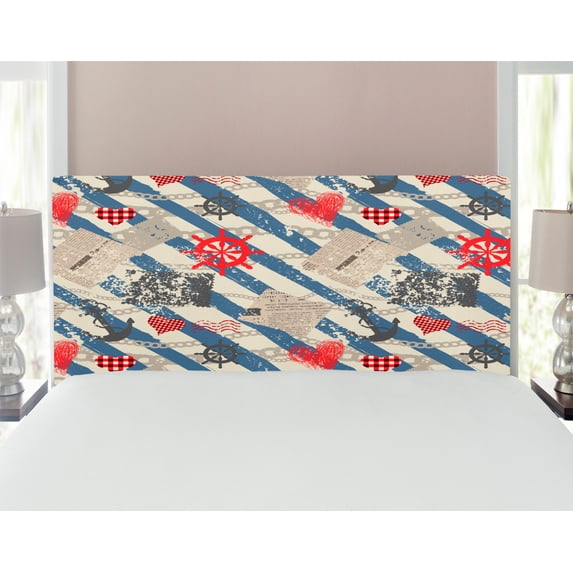 Nautical Headboard, Sea Graphic with Grunge Distressed Diagonal Forms and Stripes Marine Nautical, Upholstered Decorative Metal Bed Headboard with Memory Foam, Full Size, Beige Red Blue, by Ambesonne