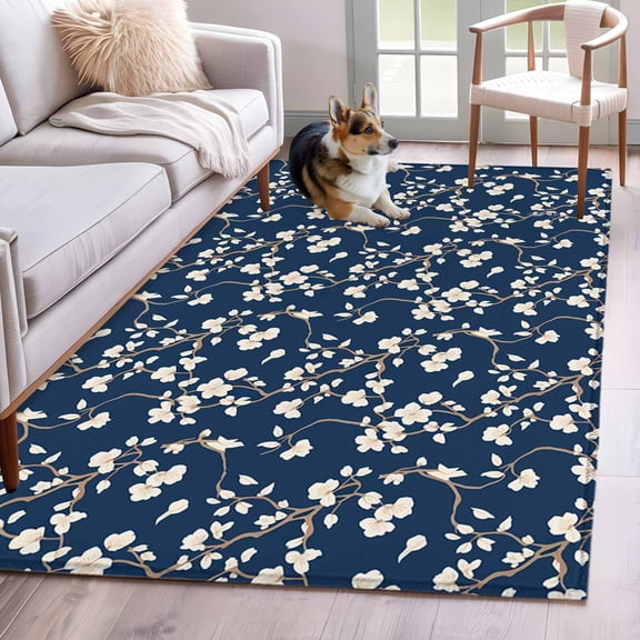 Botanical Flower Area Rug 4x6 Washable Rug Non Slip Vintage Garden Floral Wildflower Blue Large Area Rug Indoor Floor Carpet for Entryway Bedroom Kitchen Living Room Home Office Dining Room Nursery