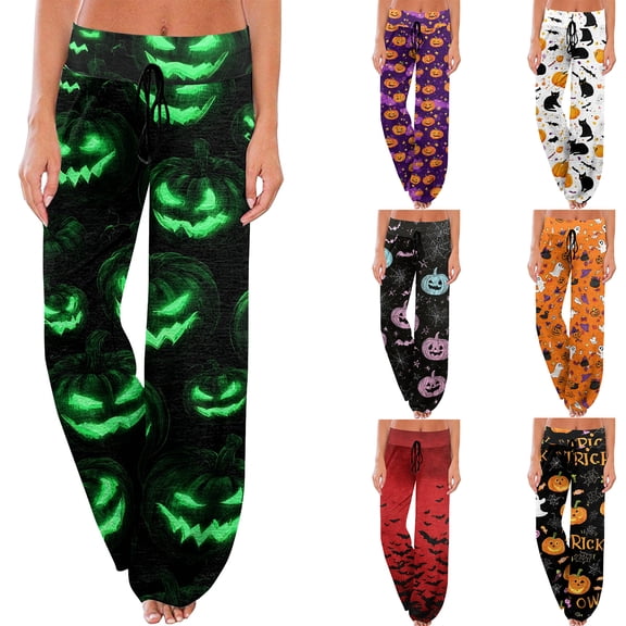 Women's Wide Leg Lounge Pants Yoga Pajamas Halloweens Cute Print Pjs Pants Plush Pajama Bottom Cozy Pjs Sleepwear Lounge Pants
