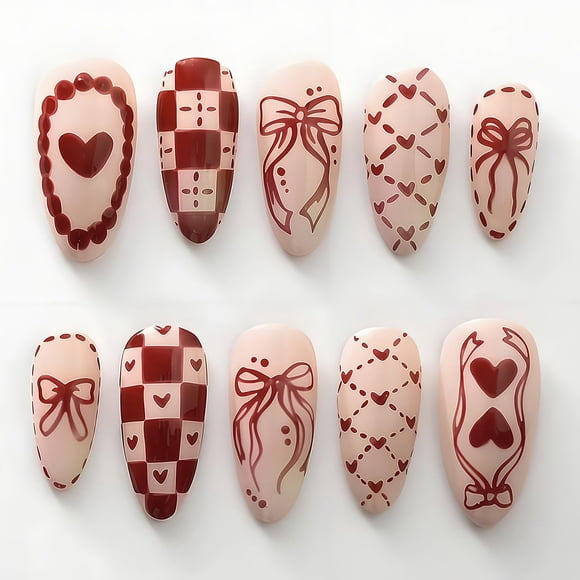 Presiona uñas GJJBQTT de San Valentín con forma de corazón rojo, 30 unidades con lazo