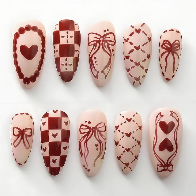 Presiona uñas GJJBQTT de San Valentín con forma de corazón rojo, 30 unidades con lazo