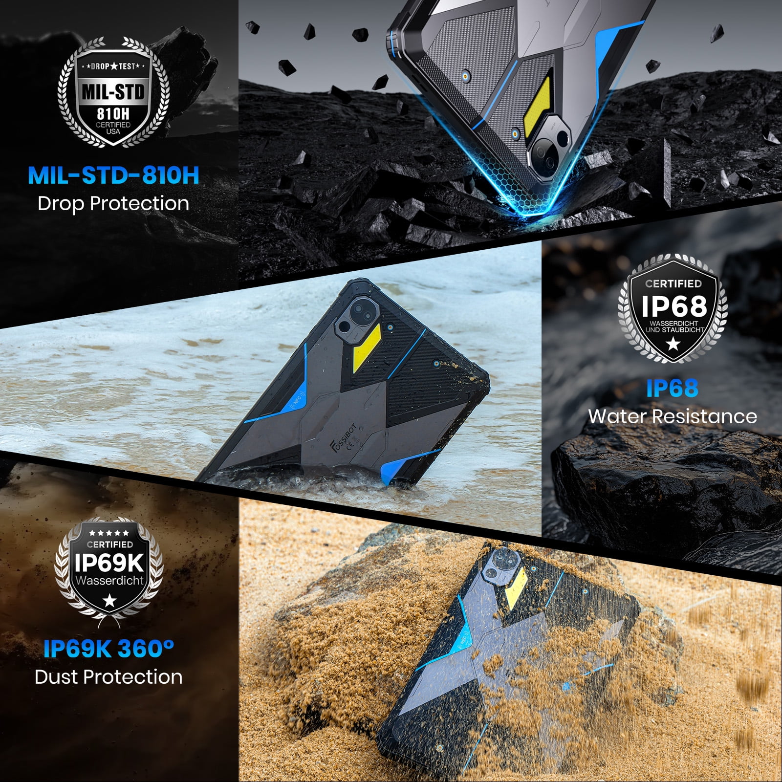 FOSSIBOT Rugged Tablet DT3 10.4 inch,21560mAh,32GB+256GB/2TB,2K IPS Display,Wi-Fi6,IP68,IP69K Waterproof Tablet,5G OutdoorTablet,64+32MP Camera,Face Unlock,OTG, Android 15,66W Rapid Charging
