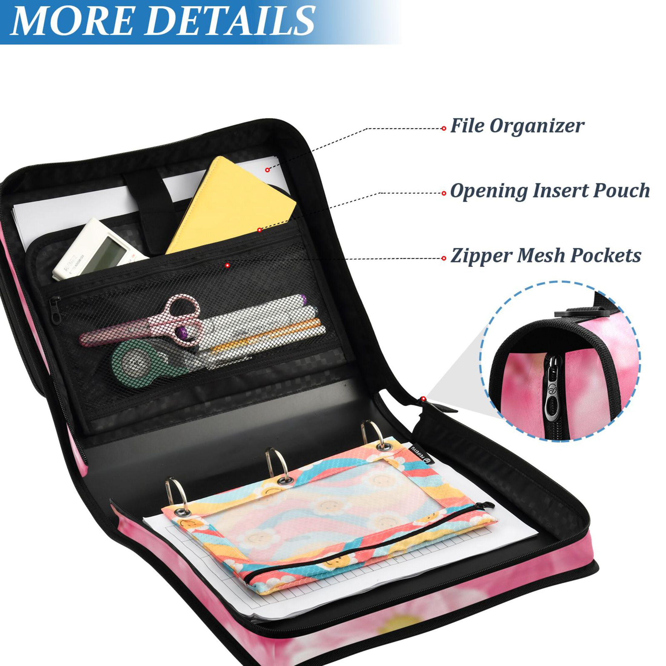 Zipper Binder Pink Floral Cluster 1.5 Inch Binder Folder Bag with Shoulder Strap and Handle